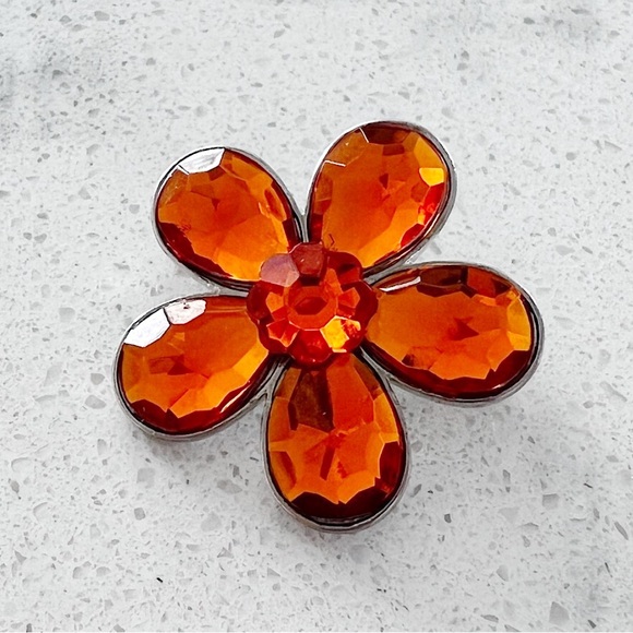 Amber Orange Floral Brooch Pin Rhinestone Flower Metallic Retro Statement - Picture 10 of 16